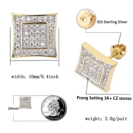 TOPGRILLZ 925 Sterling Silver Iced out Men and Women 14k Gold Square Kite Screw Back Hypoallergenic Stud Earrings with Simulated Diamond (Gold)