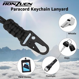 HONZUEN Paracord Lanyard, 2pcs Black Key lanyard for Neck, Key Chain Necklace, Heavy Duty with HK Clip, ID Card Lanyard for Key, Office Lanyard, Whistle Strap Outdoor Hiking Camping(Adjustable Length)