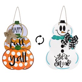Fall Door Sign Reversible Pumpkin Snowman Wood Door Hanger Happy Fall Y'all Let It Snow Autumn Winter Front Door Porch Wreath Decorations