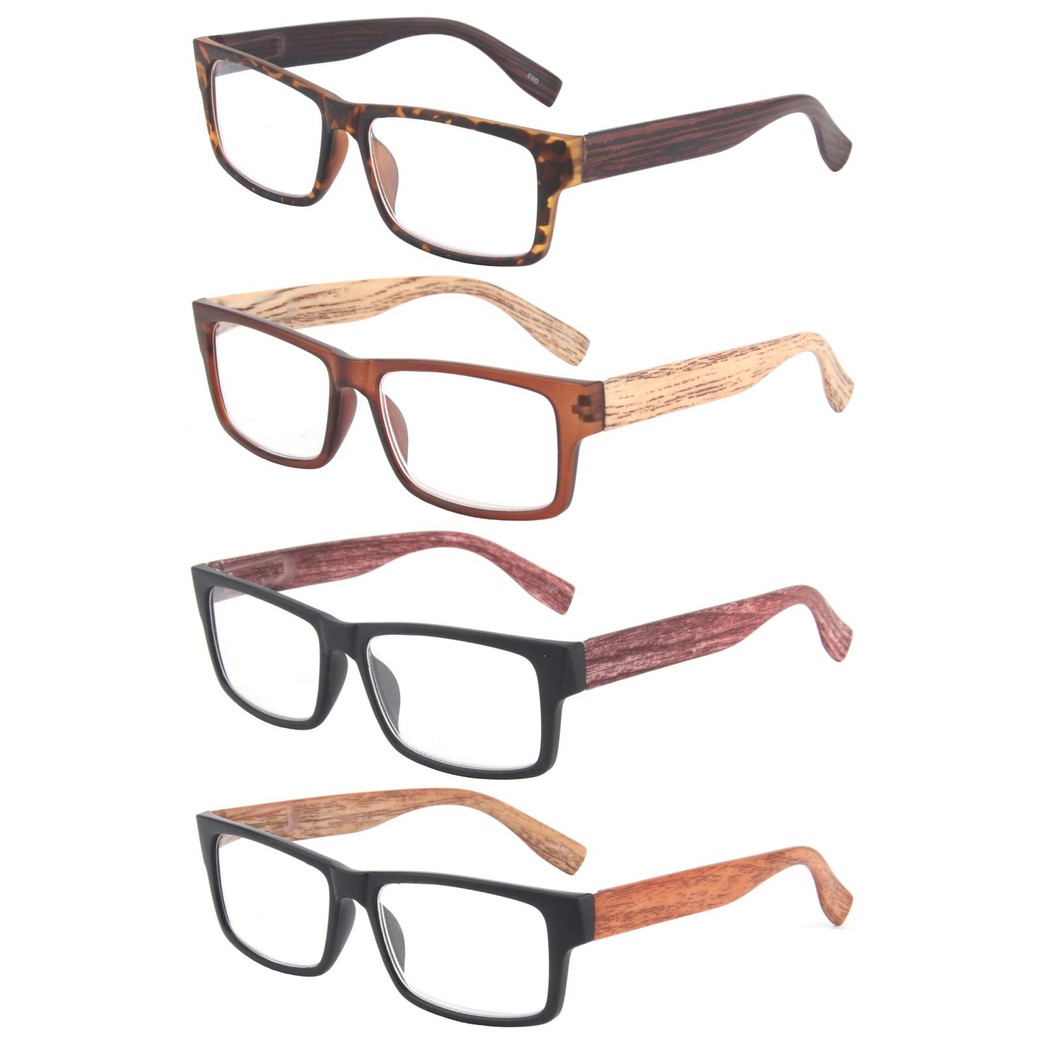 Reading Glasses Wooden Men Pattern Wood Look Square 4 Pack Quality Readers Spring Hinge Glasses Flex Pouch