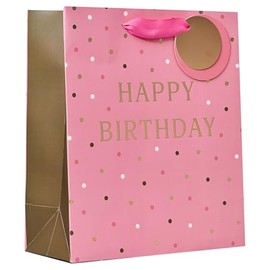 Design By Violet Happy Birthday Medium Gift Bag – Pink with Dots, Gold Foil Lettering & Printed Interior – Luxury Paper Gift Bag for Birthdays