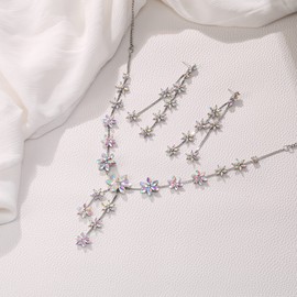 EleQueen Snowflake Jewelry Set for Women, Sparkle Iridescent Clear AB Rhinestone Crystal Marquise Flower Cluster Y-Necklace Dangle Earrings for Wedding Bridal Party