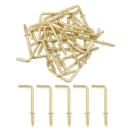 uxcell Right Angle Hooks, 50Pcs 1-1/4" L Shaped Screw Hooks Screw in Hooks, 7 Shape Right Angle Metal Screw Hooks for Hanging, Gold