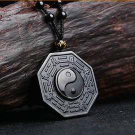 Natural Obsidian Yin Yang Necklace Black Gemstone Eight Diagrams Amulet Protection Pendant with Adjustable Bead Chain Chinese Feng Shui Ying Yang Necklaces Jewelry for Men Women