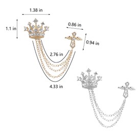 KGCGJVB 2Pcs Suit Chain Cross Crown Pins for Men Gold Silver Lapel Brooch Jewelry Accessories Collar Chains Vest Pins Retro Prom Pendants for Lapels Suits Crystal Tassel Pin Brooch for Mens