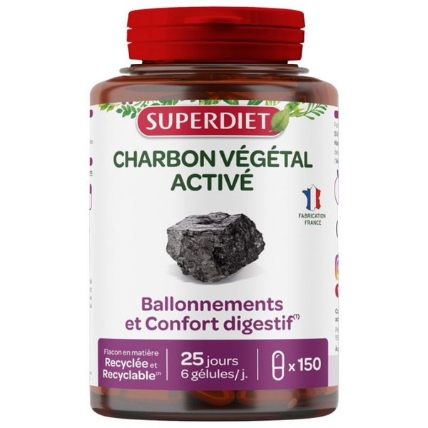 Superdiet Charbon Végétal Activé Ballonements et Confort digestif 150 gélules