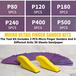 Gnellkoor Finger Sander for Crafts, 2 Pack Mini Micro Gator Sander for Crafts with 30 Sheets 3.5 x 1 Inch Sandpaper 80 120 180 240 400 600 Grit Sanding for DIY Wood Finishing Tight Narrow Polishing