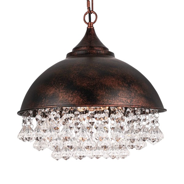 Industrial Crystal Pendant Light - Easric Chandeliers for Dining Room Rustic Pendant Lights Kitchen Island Retro 14'' Dome Shade Hanging Lamp with Crystals Hanging Light for Bedroom Living Room Bar