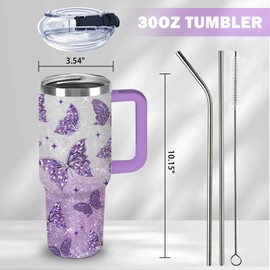 xiiai Butterfly Gifts for Women 30oz Purple Butterfly Tumbler with Handle and Straws Stainless Steel Insulated Travel Coffee Mugs, Leak-Proof, Birthday Christmas Gifts for butterflies Lover Water Cup