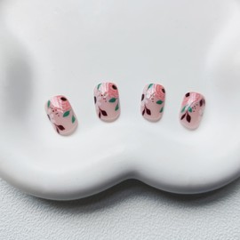 KKUUOO Fall Press on Nails Short Square Fake Nails Full Cover False Nails with Pink Flower Design Cute Press on Nails Acrylic Nails Glossy Stick on Nails Jelly Press on Nails for Women Girls 24Pcs