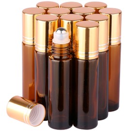 inice 12 Pack Amber Galss Roller Bottles,10ml Roll On Bottles Stainless Steel Roller Balls Metal Cap for Aromatherapy Essential Oils