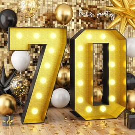 Light Up Numbers 70, 4FT Light Up Numbers Number 70 Marquee Black Gold Large Light Up Numbers Mosaic Numbers for 70th Birthday, Giant Light Up Numbers Pre-Cut Foam Board Kit for Graduation Anniversary