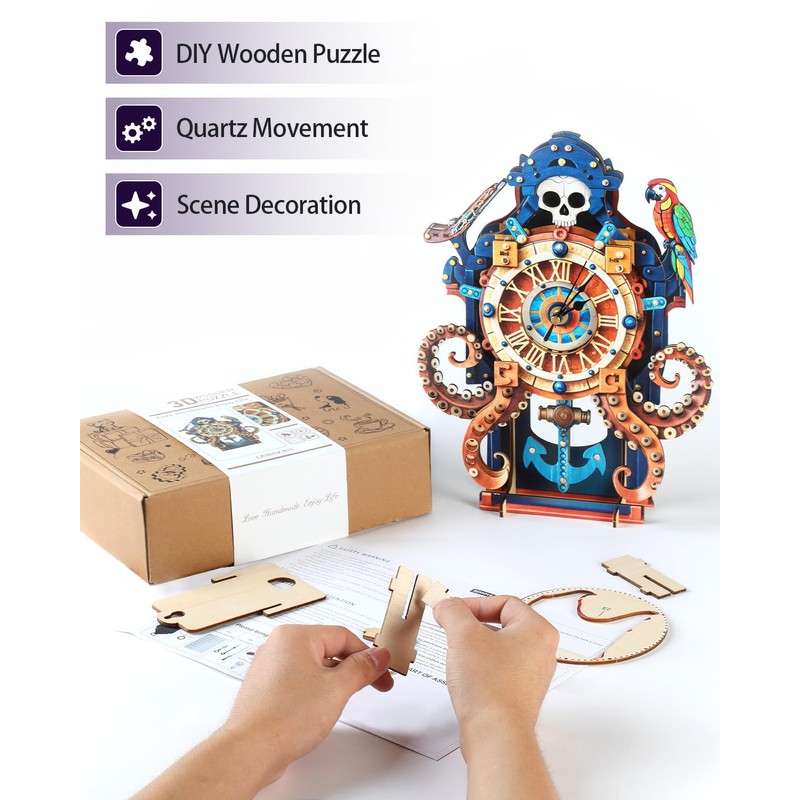Rnfinewow 3D Wooden Puzzles for Adults, Octopus Sea Monster Clock