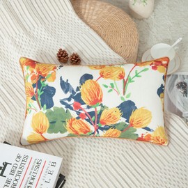 VOGOL Yellow Flower Printing Lumbar Pillow Covers, Satin Piped Edge 12x20 Inches Pillowcase, Farmhouse Faux Linen Decorative Throw Cushion Case for Home Room Bed Sofa Car, 1 Piece