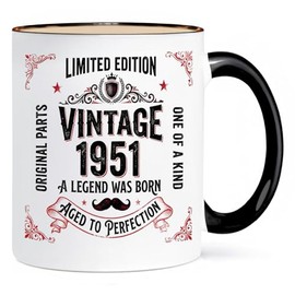 ONRRI 11 Oz Vintage 1951 Ceramic Mug With Black Interior And Handle, Double Sided Print, Microwave Safe 75th Birthday Gift For Men Or Women