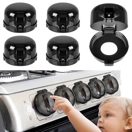 5-Pcak Stove Knob Safety Covers, Oven Knob Covers for Safety, with Adult-Friendly Saftey Key, Stove Knob Covers with Extra 5-Pack Adhesive Tapes，Black