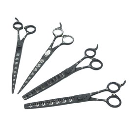 Professional Dog Grooming Scissors Set of Straight, Curved, Thinner/Blender and Chunker Shears with Paw Prints for Dogs, Cats & Pets (Right Handed, Black, Stainless Steel 8 Inch)