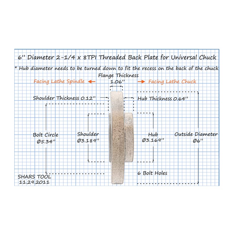 Shars 6" Threaded Back Plate with 2-1/4 x 8 TPI