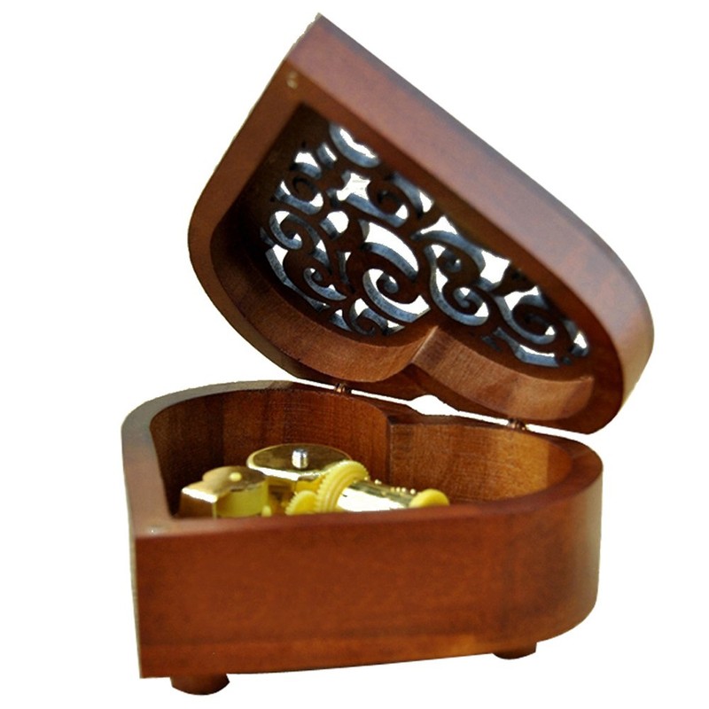 Antique Engraved Wooden Wind-Up Musical Box,Edelweiss Musical Box,with Gold-Plating Movement