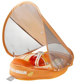 Mambobaby Baby Floats with Canopy, Non Inflatable Swimming Pool Float UPF 50+ Canopy No Flip Over Upgrade Tail Pool Float for Baby 3-24 Months Water Toys Summer Pool Toys for Boys Girls, Tangerine