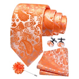 Gusleson Mens Orange Tie for Wedding Solid Silk Paisley Necktie Pocket Square Cufflinks and Lapel Pin Brooch Set (UK6105-24)