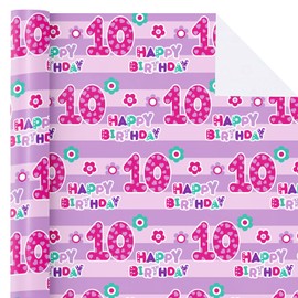 WRAPAHOLIC 10th Birthday Wrapping Paper - Mini Roll - 17 Inch x 33 Feet - Pink Happy Birthday with Floral Design for Birthday, Party, Holiday