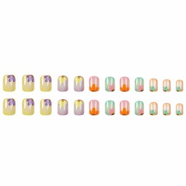 MERVF Square Press on Nails Short Fake Nail Colorful Acrylic Nails Flower Squoval Glitter Summer DIY Supplies Manicure 24pcs Glossy