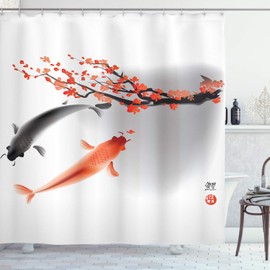 Ambesonne Japanese Shower Curtain, Koi Carp Fish Couple Swimming with Cherry Blossom Sakura Branch Culture Design, Cloth Fabric Bathroom Decor Set with Hooks, 84" Long Extra, Orange Grey