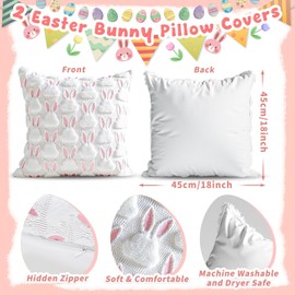 AONSOULE Easter Pillow Covers 18x18 Set of 2 – Pink Ears White Rabbit Soft Plush Faux Fur Cushion Covers with Hidden Zipper – Easter Decorations for Home, Spring Pillow Cover for Bedroom Sofa