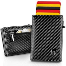 TEEHON Men's Leather Wallet with Coin Compartment and RFID Protection, Slim Wallet Credit Card Holder with Banknote Compartments, Carbon Wallet, Men's Card Case, Small & ID Window, Mini Wallet for