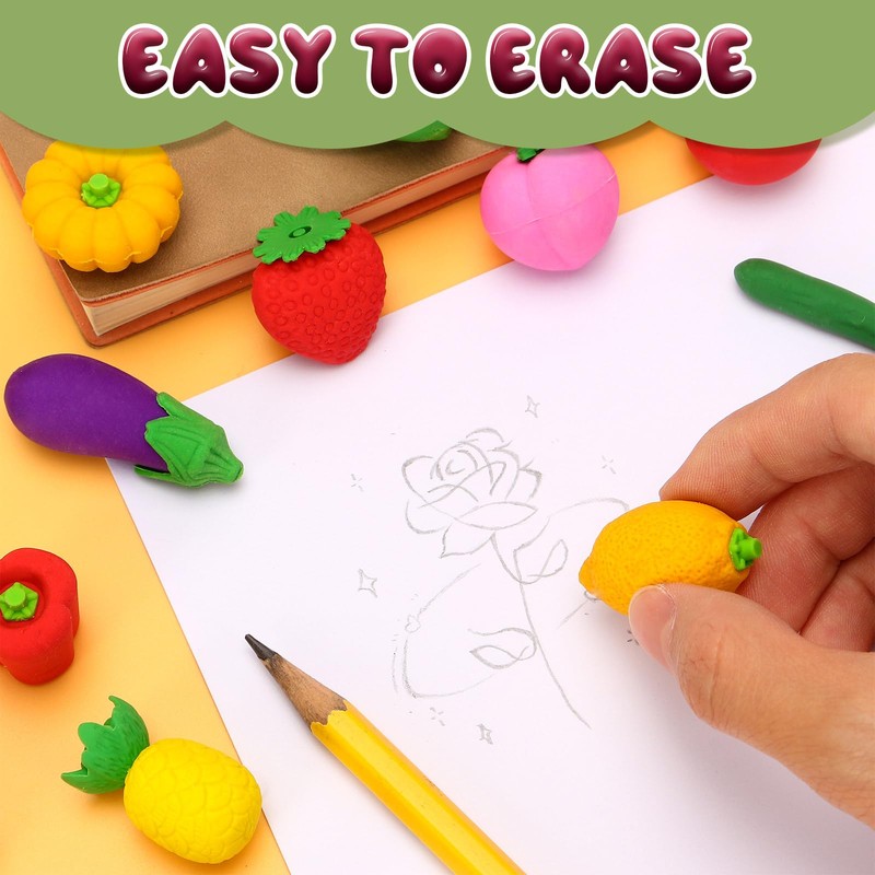 24 Pcs Mini Fruit Vegetable Erasers, 3D Fruit Pencil Erasers,