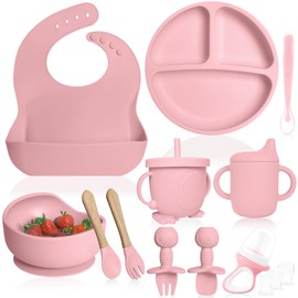 Bluet B- Silicone Baby Feeding Set With Pacifier - Led Weaning Supplies - Spoons, Suction Bowl, Plate - Utensils for First Foods - 11pcs - Pink