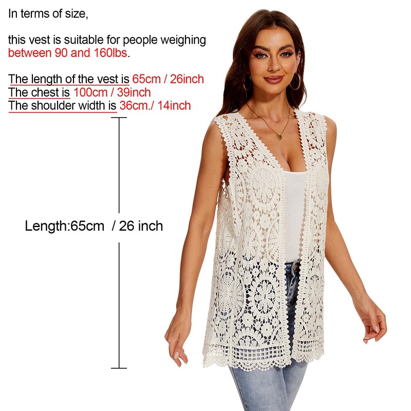 Women's Crochet Floral Boho Lace Trim Sleeveless Kimono Open Front