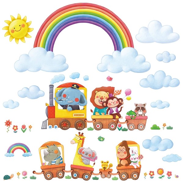 DECOWALL DA-1913P1406A Rainbow and Animal Train Kids Wall Stickers Wall Decals Peel and Stick Removable Wall Stickers for Kids Nursery Bedroom Living Room d?cor