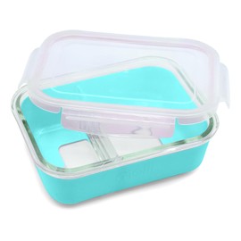 melii Glass Bento Box with Silicone Sleeve, Resistant Borosilicate, Airtight & Leakproof Locking Lid, Oven, Microwave, Freezer & Dishwasher safe, 25oz, Blue