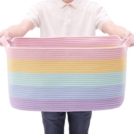 MOJOSCEND Extra Large Storage Basket for Girls Kids 22"x16"x12" Rainbow Toy Box Blanket Basket for Living Room Woven Storage Box for Cloth 70L Cotton Rope Laundry Hamper