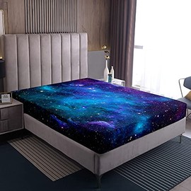 Loussiesd Starry Sky Galaxy Fitted Sheet 90 x 200 cm Cosmic Galaxy Fitted Sheet Purple Blue Galaxy Print Bed Sheet Soft Breathable Microfibre for Children Boys Girls Women