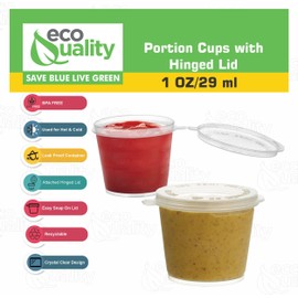 EcoQuality 1 Oz Leak Proof Plastic Condiment Souffle Containers with Attached Lids - Portion Cups with Hinged Lid Perfect for Sauces, Samples, Slime, Jello Shot, Food Storage & More! (1 Ounce) (50)
