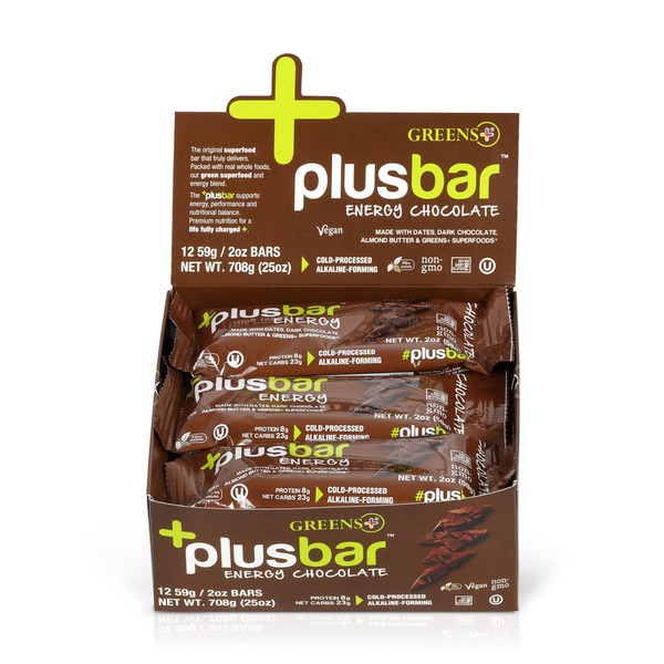 Greens+ Plusbar Energy Chocolate | Gluten Free Energy Bar | Organic Greens | Organic Dark Chocolate | Non GMO | 12 Bars