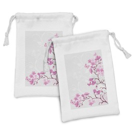 Lunarable Japanese Fabric Pouch Set of 2, Pink Blossoms Butterflies Inspiration Growth Flourish Nature Theme Japanese Cherry Tree, Small Drawstring Bag for Toiletries Masks and Favors, 9" x 6", Pink