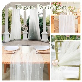 Yuanchu Table Runner Tulle with Pearls, 300 x 70 cm, White Pearl Lace Tablecloth, Net Tulle Lace Fabric with Beads, Table Decoration for Wedding, Bridal Shower, Birthday Party, Wedding Arch