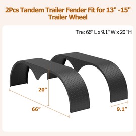 2Pcs Tandem Trailer Fender Double Axle,9.1"x 66"x 20" Teardrop Enclosed Trailer Fender Replacement,Steel Plate Tandem Axle Trailer Fenders Fit for 13-15 Inch Wheels