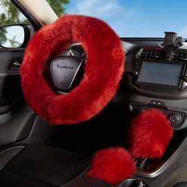 Yontree Fashion Fluffy Steering Wheel Covers for Women/Girls/Ladies/Men Australia Pure Wool Universal 15 Inch 1 Set 3 Pcs Long Wool Burgundy