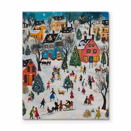 Christmas Village Canvas Wall Art Decor - Snowy Winter Scene with Colorful Houses, Christmas Trees and Cheerful Holiday Activities - Ideal for Room, Bedroom or Office Seasonal Decor 24X30 inch