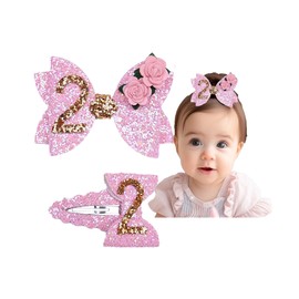 Glitter Birthday Pink Bow Flower Hair Clips Baby Girl 2nd Birthday Bow Hair Barrettes Hair Accessories.(FJ108) (2nd Baby Girls Hair Bow)