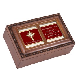 Cottage Garden Confirmation Sponsor Faith Love Prayer Woodgrain Rope Trim Petite Music Box Plays How Great Thou Art