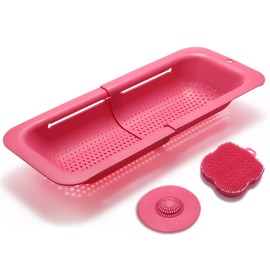 Domonic Home Over the Sink Strainer Basket for Kitchen, Vegetables, Fruits, Pasta Collapsible Colander, 14.5"-19.5", Brilliant Rose, Dishwasher Safe