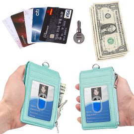 ELV - Portagafete con cierre zíper, cuero sintético con 5 ranuras para ID y tarjetas, 1 bolsillo lateral con bloqueo RFID y correa de 51 cm para el cuello, apto para documentos de identificación, licencia de conducir