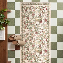 jinchan Eden Floral Washable Runner Rug 2x5 Vintage Hallway Rug Non-Slip Lightweight Soft Thin Kitchen Low Pile Distressed Red Green Christmas Carpet for Bathroom Laundry Room Bedroom Entryway