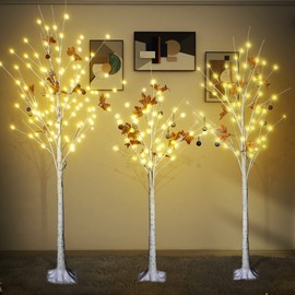 Birch Tree with Led Lights Set of 3, 4FT 5FT 6FT Prelit Christmas Tree, Twinkle Tree for Indoor & Outdoor, Lighted Christmas Tree for Front Door, Porch, Yard, Home Party Decor
